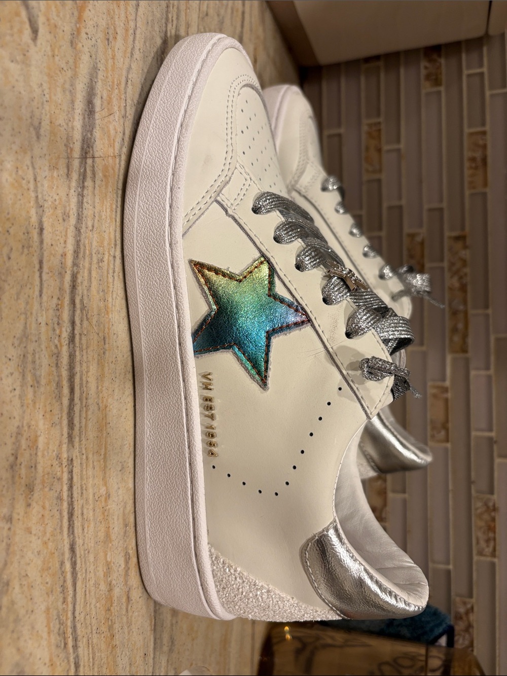 Vintage Havana White Sneakers with Iridescent Teal Star and Silver Accents